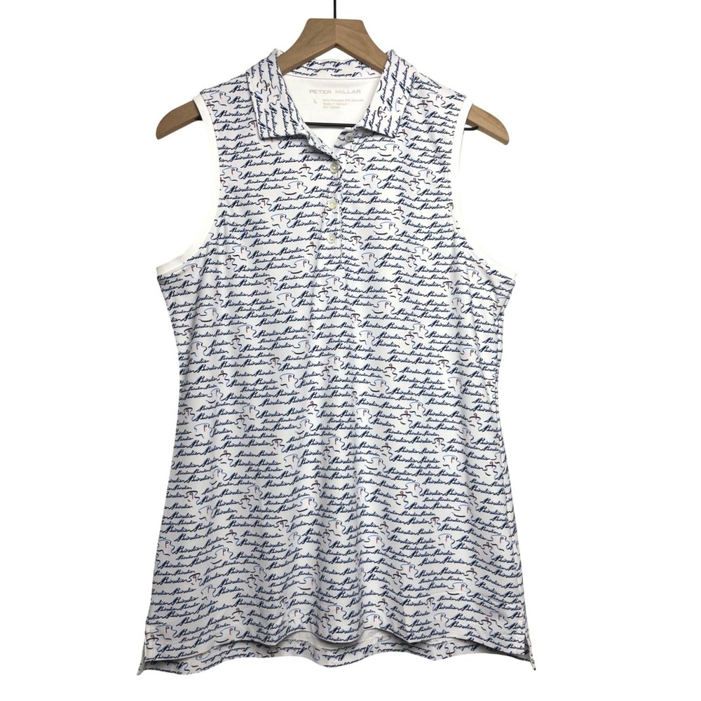 Peter Millar Womens Preppy Birdie Script Sleeveless Golf Polo Shirt White Blue L - Picture 2 of 7